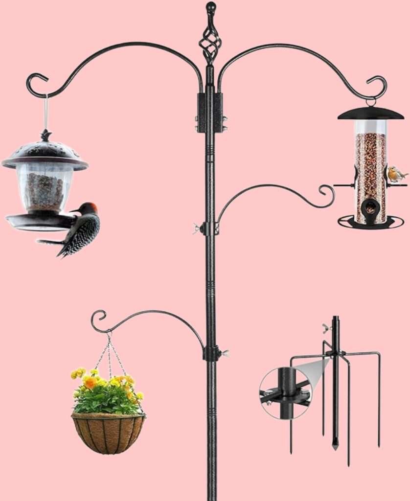 The Bird Feeder Stand is a sturdy stand designed to hold bird feeders securely.