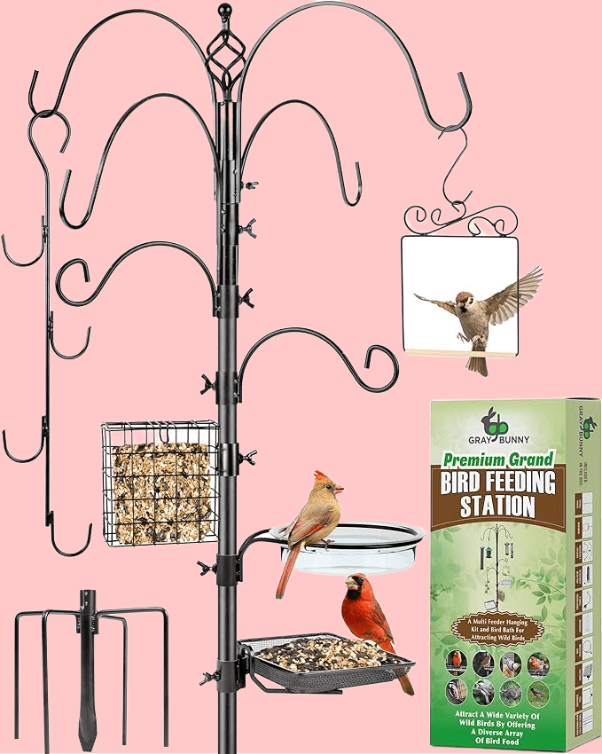 The Feeder Stand is a pole with hooks that can be used to hang bird feeders.