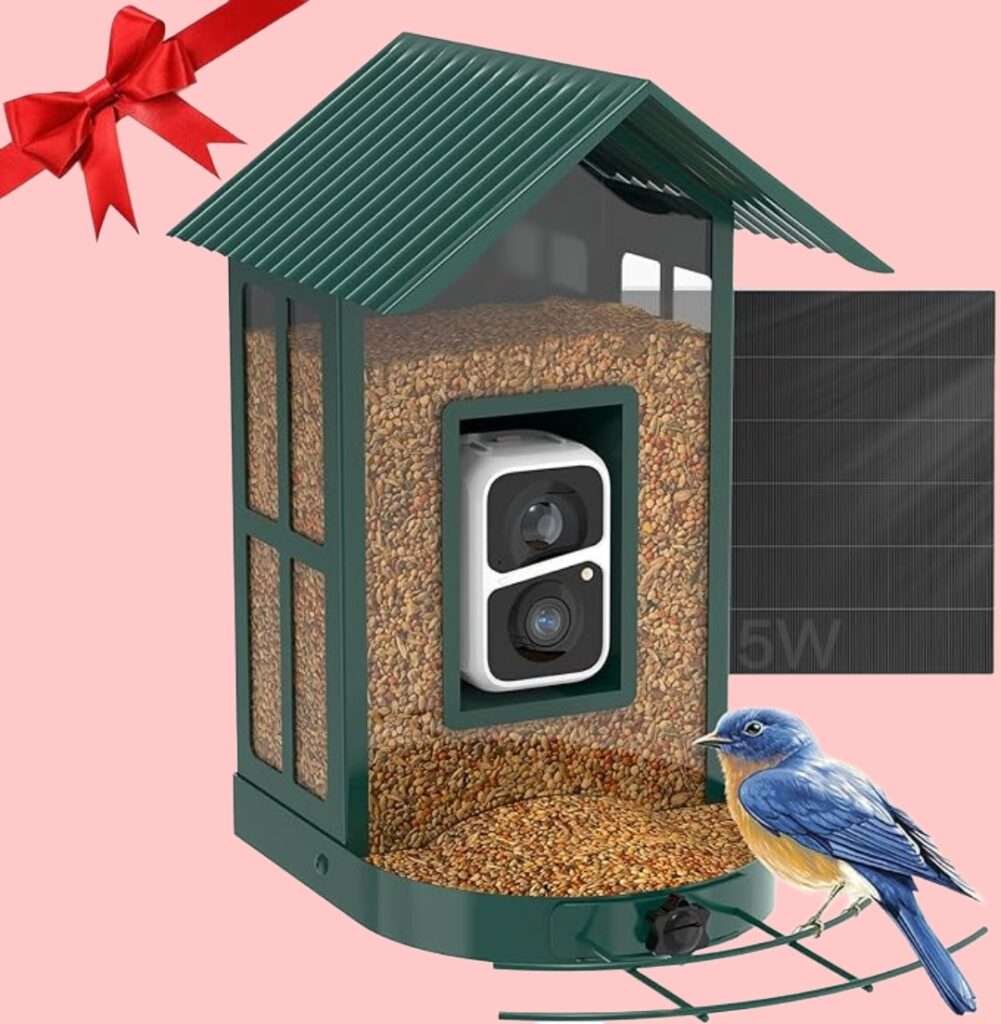 The Smart Bird Feeder features built-in camera technology, allowing users to closely observe birds.