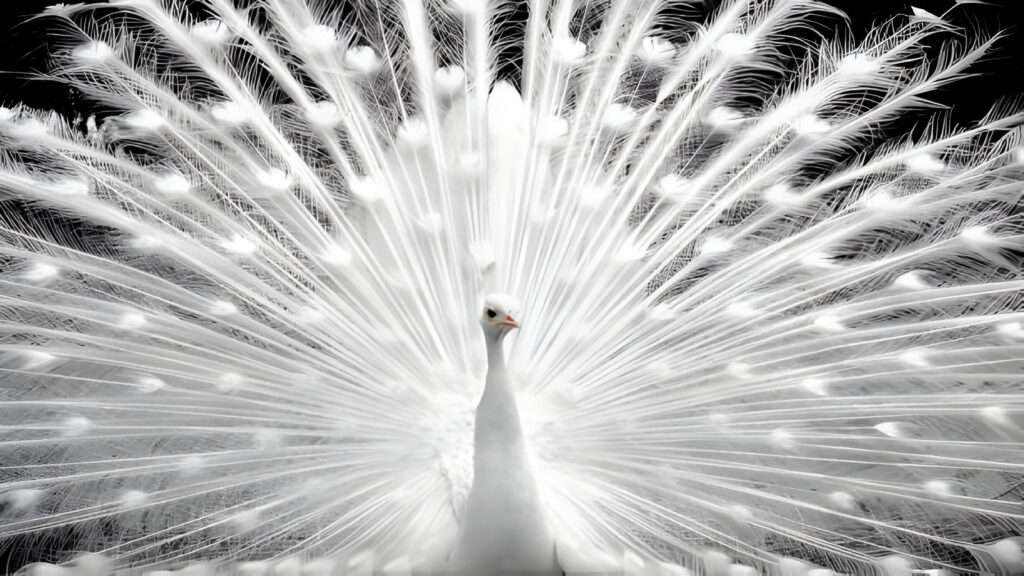 Beautiful White Peacock with Spread Feathers.